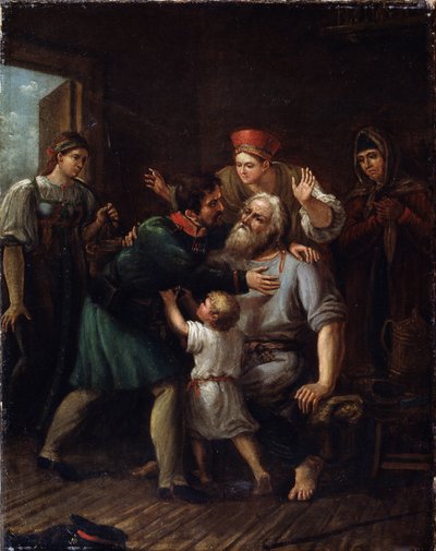 Powrót wojownika (Wojownik powracający do domu). Żołnierz wraca do domu i rzuca się w ramiona swojego starego ojca. Cała rodzina wyraża radość i ulgę widząc go żywego. Obraz Iwana Wasiljewicza Łuchaninowa (1781-1824), olej na t autorstwa Ivan Vasilyevich Luchaninov