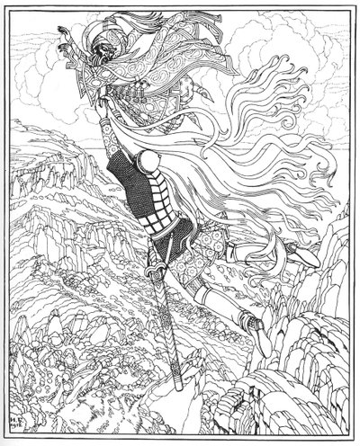 Lot Czernomoru i Rusłana. Ilustracja do wiersza Rusłan i Ludmiła A. Puszkina, 1918 autorstwa Ivan Yakovlevich Bilibin