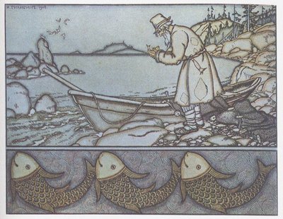 Ilustracja do opowieści o rybaku i rybach autorstwa Ivan Yakovlevich Bilibin