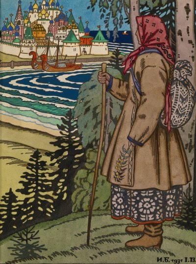 Chłop dziewczyna. Ilustracja do książki Contes de lIsba, 1931 autorstwa Ivan Yakovlevich Bilibin