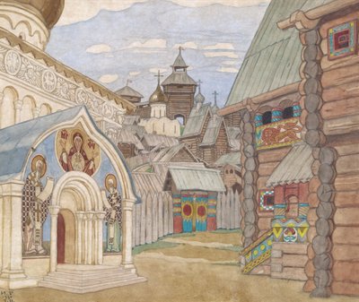 Wioska Rosyjska. Scenografia do opery Opowieść o carze Saltanie N. Rimskiego-Korsakowa autorstwa Ivan Yakovlevich Bilibin
