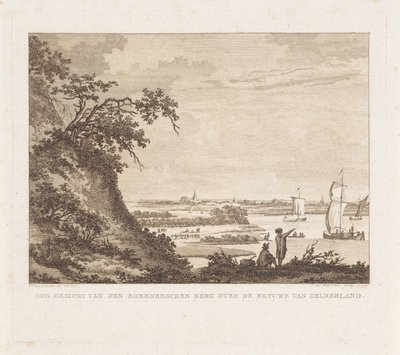 Szeroki krajobraz z dwiema postaciami i żaglowcami Widok den Rheenenschen Berg nad Betuwe Gelderland (tytuł na obiekcie) autorstwa Izaak Jansz. de Wit