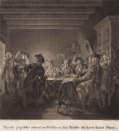 Polityczny dzban. „Gdybym nie był politykiem, powinieneś się wstydzić”. Grawerowanie wg Lorentzens Holberg Gallery. autorstwa J.F. Clemens