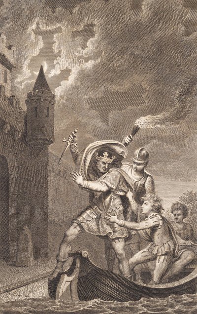 Ilustracja. Król z podniesionym sztyletem i trzema osobami w łodzi autorstwa J.F. Clemens