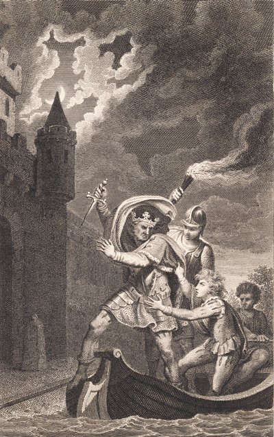 Ilustracja. Król z podniesionym sztyletem i trzema osobami w łodzi autorstwa J.F. Clemens
