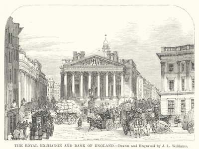 Royal Exchange i Bank of England (grawerowanie) autorstwa J.L. (after) Williams