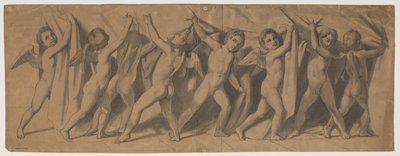 Projekt Kgl. Kurtyna teatralna; putti, który odsuwa dywan na bok autorstwa J.L. Lund