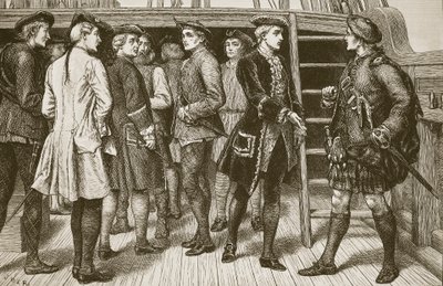 Młody pretendent i Highland Chiefs na pokładzie „Doutelle” przed lądowaniem w Szkocji, grawerowane przez Butterwortha i Heatha autorstwa J.M.L. Ralston