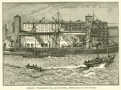 Magazyn zboża, Quayside, Newcastle-on-Tyne (grawerowanie) autorstwa J.R. Brown
