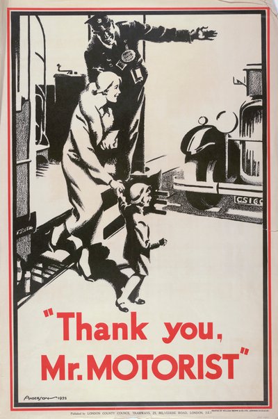 „Dziękuję Panie Kierowco”, plakat LCC Tramways Rady Hrabstwa Londynu, 1932 r. autorstwa JS Anderson