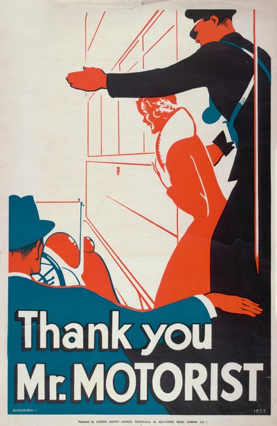 „Dziękuję Panie Kierowco”, plakat LCC Tramways Rady Hrabstwa Londynu, 1933 r. autorstwa JS Anderson