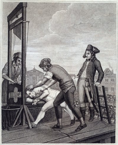 Egzekucja Maksymiliana de Robespierre (1758-1794) została zgilotynowana 28.07.1794 na Place de la Concorde Grawerowanie Jamesa Idnarpila wg J. Beysa. ok. 1799. Paryż, Muzeum Carnavalet autorstwa J. (after) Beys