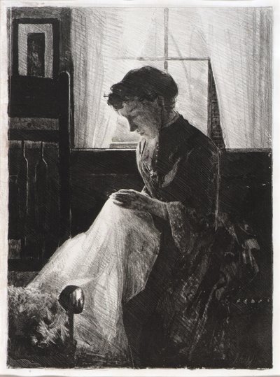 Portret profilowy kobiety szyjącej autorstwa J. Alden Weir