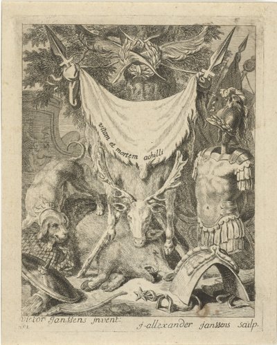 Rycina tytułowa do serii ze scenami z życia Achillesa Sceny z życia Achillesa (tytuł serii) Vitam et mortem achilli (tytuł serii na obiekcie) autorstwa J. Alexander Janssens
