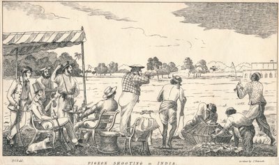„Strzelanie gołębi w Indiach”, XIX wiek. autorstwa J Bennett