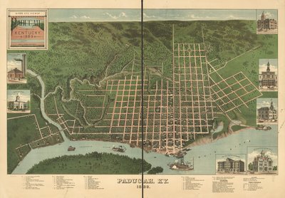 Widok z lotu ptaka na Paducah, Kentucky 1889. autorstwa J. Blanton; Krebs Lithographing Company Postlethwaite