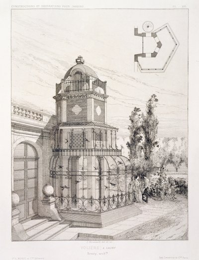 Woliera dla ptaków śpiewających, z tomu projektów różnych architektów, wyd. Morel & Cie, Paryż, ok.1880 autorstwa J. Boussard