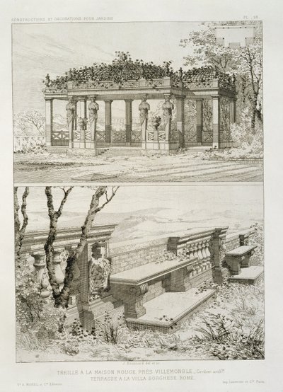 Pergola La Maison Rouge niedaleko Villemomble, zaprojektowana przez Cordiera, oraz taras willi Borghese, Rzym, ok.1880 autorstwa J. Boussard