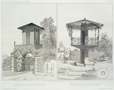 Portal z kioskiem Meudon i zadaszonym tarasem St. Denis z tomu projektów różnych architektów, pub. Morel & Cie, Paryż, ok.1880 (akwaforta) autorstwa J. Boussard