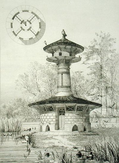 Schronisko dla ptactwa wodnego w Poissy, z „Constructions et Decorations pour Jardins”, wydana ok. 1880 (rycina) autorstwa J. Boussard