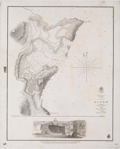 Archipeligo, Rodos I., Port Lindo zbadany przez kapitana Thomasa Gravesa, HMS "Beacon" 1842 r. autorstwa J. & C. Walker