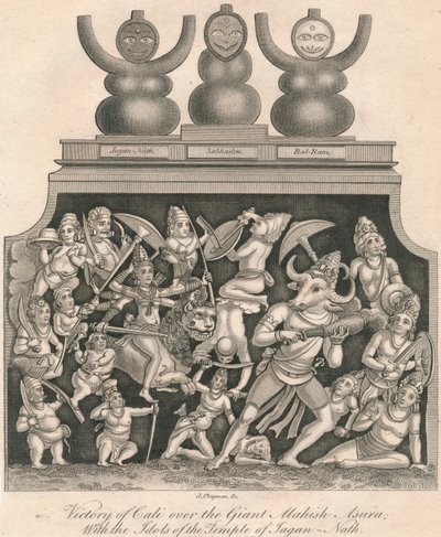 Zwycięstwo Cali nad Olbrzymią Mahishasurą, Z Idolami Świątyni Dżagannatha, 1809. autorstwa J. Chapman
