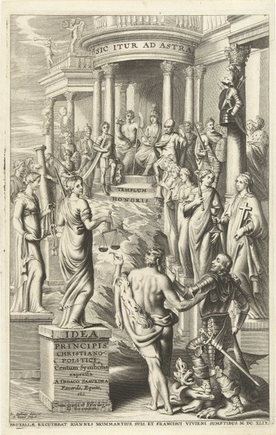 Herkules prowadzi człowieka przez personifikacje cnót do świątyni wiecznej sławy Strona tytułowa dla: Idea principis christiano-politica, Centum Symbolis expressa, Bruksela 1649 (tytuł na obiekcie) autorstwa J. Danoot
