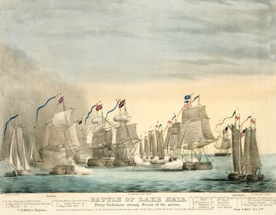 Bitwa nad jeziorem Erie. Perry Zwycięska scena zamykająca Akcję z magazynu Army and Navy, wyd. 1840 (kolorowy grawerunek) autorstwa J. Evans