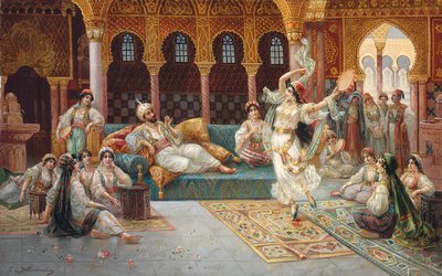Taniec haremu (olej na płótnie układany na płycie) autorstwa J. G. Delincourt