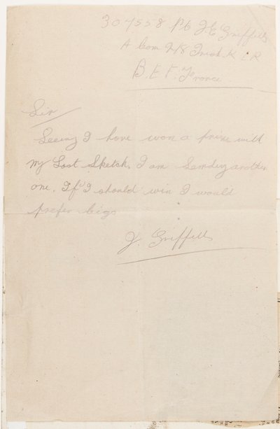 List do redaktora naczelnego „Liverpool Weekly Courier”, 1917 r. autorstwa J. Griffiths