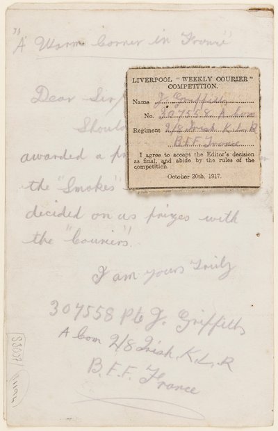 List do redaktora naczelnego „Liverpool Weekly Courier”, 1917 r. autorstwa J. Griffiths