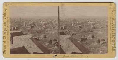 Stereografia widoku na północny zachód od Water Tower po pożarze w Chicago w 1871 r. autorstwa J. H. Abbott