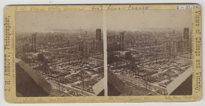 Stereografia widoku na południowy zachód od Water Tower po pożarze w Chicago w 1871 r. autorstwa J. H. Abbott