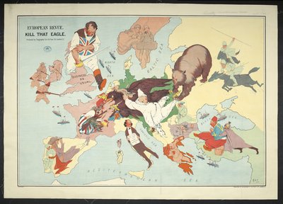 Rysunkowa mapa europejskiego obszaru działań wojennych zatytułowana „Europejska rewia zabij tego orła” autorstwa J. H. Amschewitz