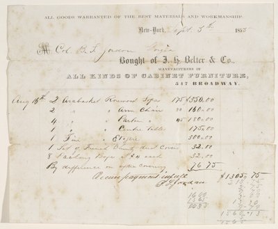 Rachunek sprzedaży do pułkownika B.S. Jordana, 5 września 1855 (atrament na papierze) autorstwa J. H. Belter and Co. J. H. Belter and Co.