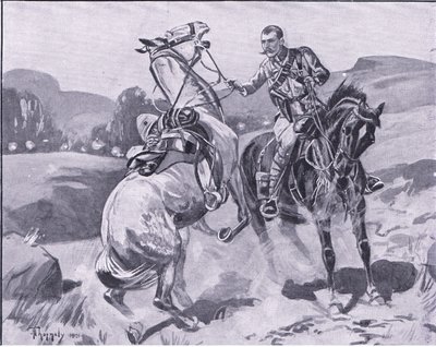 Major Brown, 14th Hussars, trzymający konia Brownsa pod ciężkim ostrzałem, ilustracja z filmu After Pretoria: The Guerilla War, 1902 autorstwa J. H. Thorneley