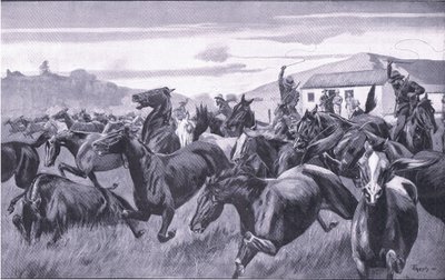 Burowie najeżdżający Remount Depot w Braamfontein, z książki After Pretoria: The Guerilla War wydanej przez Harmsworth Bros Limited, 1901 autorstwa J. H. Thornely