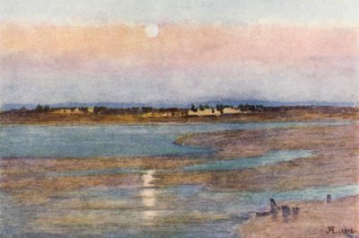 Wschód księżyca o zachodzie słońca, z La Croix Blanche, Mont St Michel (kolor lito) autorstwa J. Hardwicke Lewis