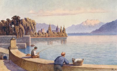 Dents du Midi i La Tour z filmu "Entre deux Villes" (kolorowa litografia) autorstwa J. Hardwicke Lewis