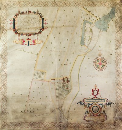Mapa posiadłości Shifnal, Shropshire, 1635 (tusz i kolor na papierze welinowym) autorstwa J. Harrison