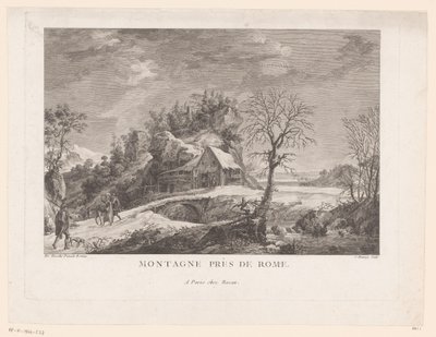 Widok domu przy moście z postaciami Montagne près de Rome (tytuł na obiekcie) autorstwa J. Hémery