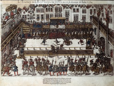 Turniej i śmierć Henryka II (30 czerwca 1559): na weselu córki (obecnie place des vosges) walczył z Gabrielem de Montgomery, kapitanem swojej gwardii szkockiej, który rani go włócznią w oko. Grawerowanie XVI wieku autorstwa Pe autorstwa J. J. and Tortorel J. (fl.1568 92) Perrissin