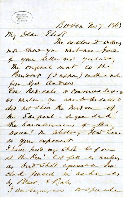 List podpisany J.M.F. [J.M. Forbes], Boston, do Eliota [William G. Eliot], 7 listopada 1863 autorstwa J. M. Forbes