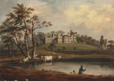 Widok na zamek Hornby w Yorkshire, z wędkarzem i bydłem nad brzegiem rzeki Wenning autorstwa J. Miller