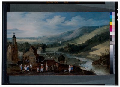Rozległy krajobraz rzeczny z chłopami zbierającymi żniwa autorstwa J. & Momper J. de (1564 1635) Brueghel