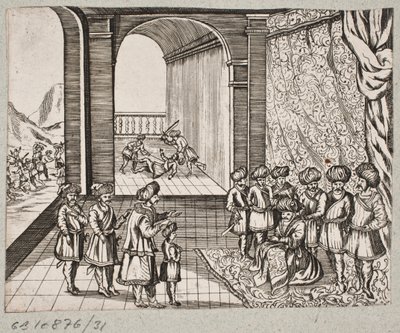 Ilustracja do Adama Oleariusa, „Perski Rosenthal genialnego poety Schicha Saadi […]”, Szlezwik 1660 autorstwa J. Muller