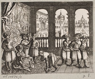 Ilustracja do Adama Oleariusa, „Perski Rosenthal genialnego poety Schicha Saadi […]”, Szlezwik 1660 autorstwa J. Muller
