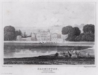Badminton, Widok ogólny, Gloucestershire (grawerowanie) autorstwa John Preston Neale