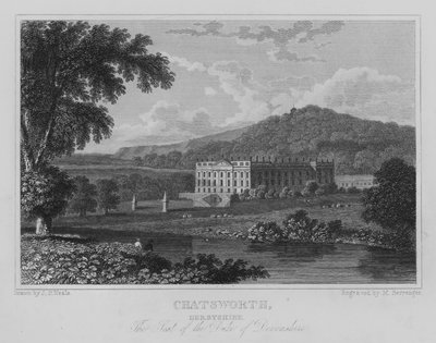 Chatsworth, Derbyshire, siedziba księcia Devonshire (grawerowanie) autorstwa John Preston Neale