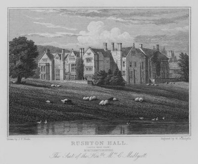Rushton Hall, South West View, Northamptonshire, Siedziba Szanownej Pani C. Medlycott (grafika) autorstwa John Preston Neale